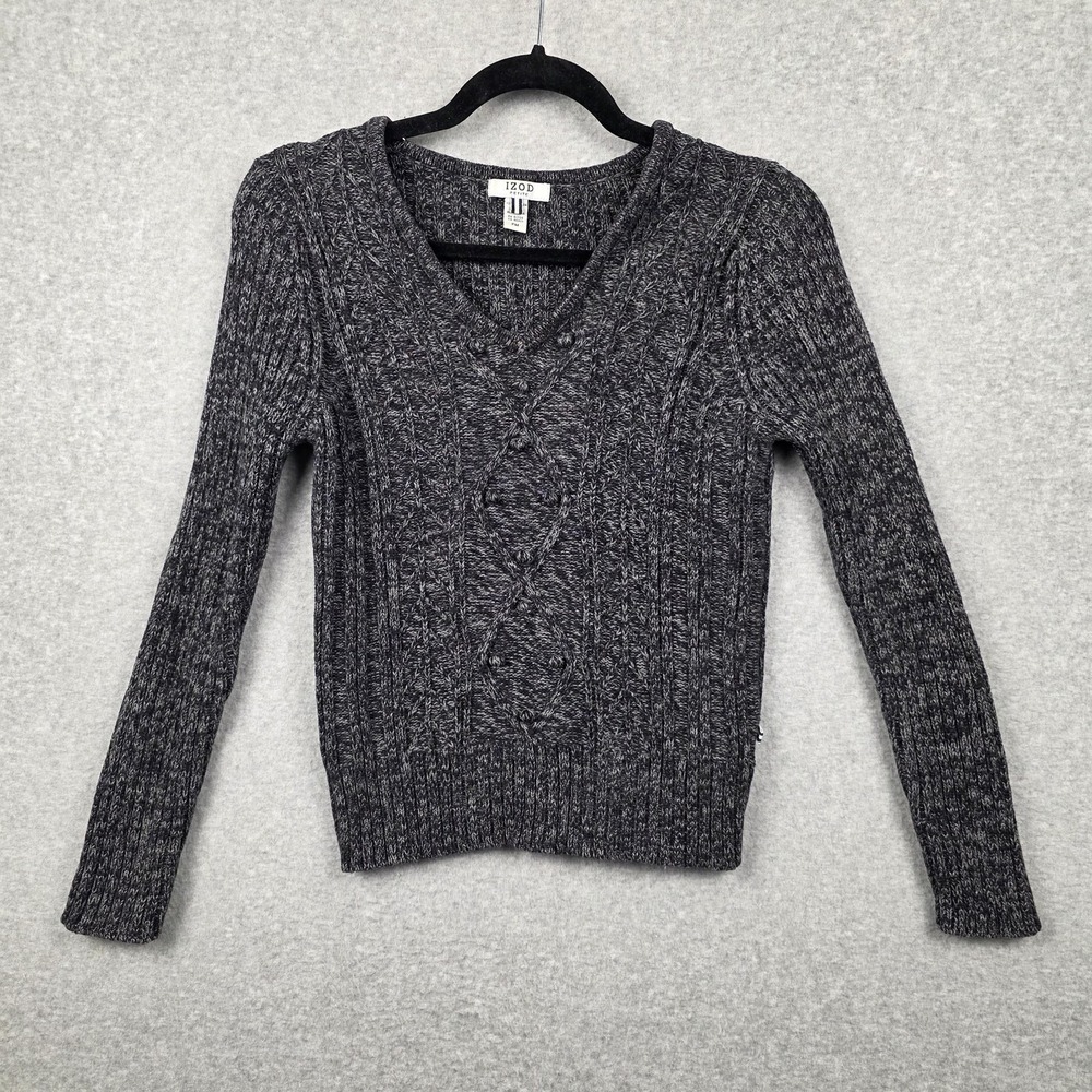 Vtg IZOD Sweater Womens PM Gray 100% Cotton Cable Knit V Neck Pullover Petite